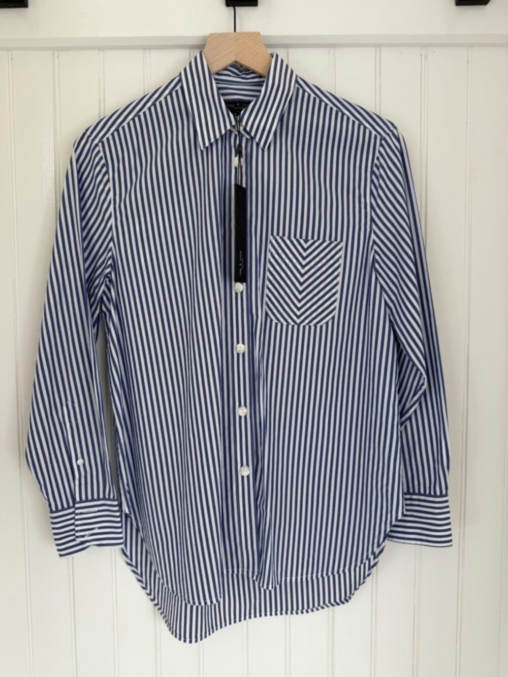 rag & bone Maxine Button Down Shirt — Blue White Stripe 100% Cotton, NWT XS